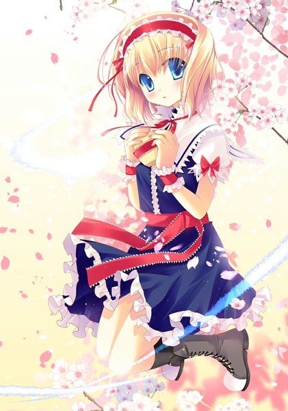 Anime picture 800x1141 with touhou alice margatroid sousouman single tall image blush short hair blue eyes blonde hair cherry blossoms girl dress plant (plants) petals tree (trees) socks boots hairband black socks