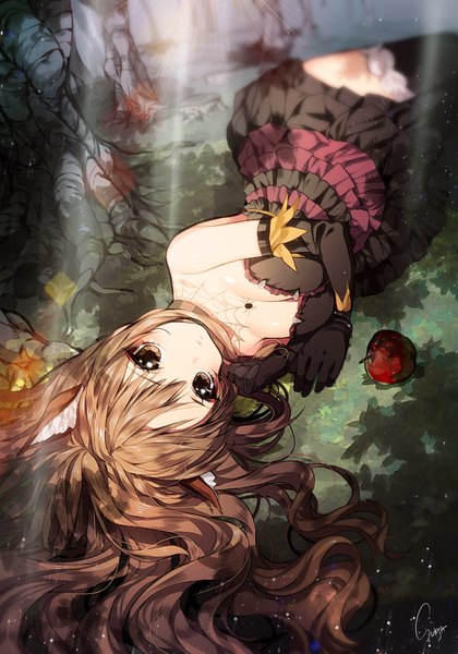 Anime picture 700x1000 with original sorolp single long hair tall image looking at viewer fringe breasts brown hair brown eyes animal ears lying wolf ears girl thighhighs dress gloves black thighhighs plant (plants) tree (trees)