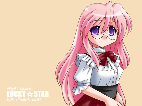 Anime picture 1024x768 with lucky star kyoto animation takara miyuki long hair purple eyes pink hair wallpaper waitress girl glasses northflight