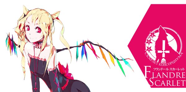 Anime picture 1500x745 with touhou flandre scarlet lowlight kirilenko single long hair blonde hair smile wide image twintails bare shoulders pink eyes inscription girl dress bow wings choker cross cross necklace