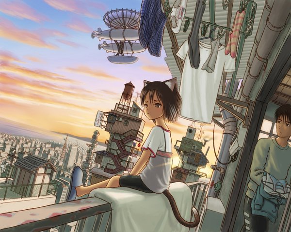 Anime picture 1024x819 with original skyape short hair cloud (clouds) tail cat tail cityscape girl boy shoes shorts slippers