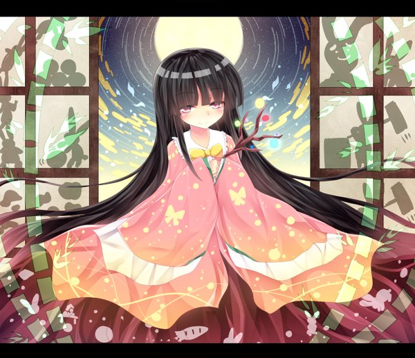 Anime picture 1388x1200 with touhou houraisan kaguya e-co single long hair looking at viewer blush fringe black hair smile sitting purple eyes long sleeves night letterboxed girl moon full moon