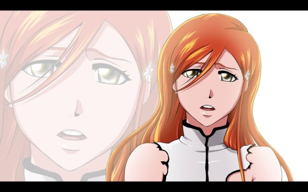 Anime picture 1282x802 with bleach studio pierrot inoue orihime pablofcb single long hair open mouth wide image black eyes orange hair coloring zoom layer girl