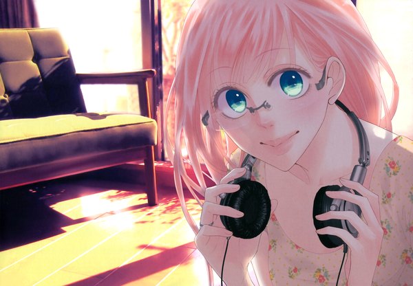 Anime picture 3437x2388 with vocaloid just be friends (vocaloid) megurine luka single long hair blush highres blue eyes smile pink hair absurdres girl glasses headphones