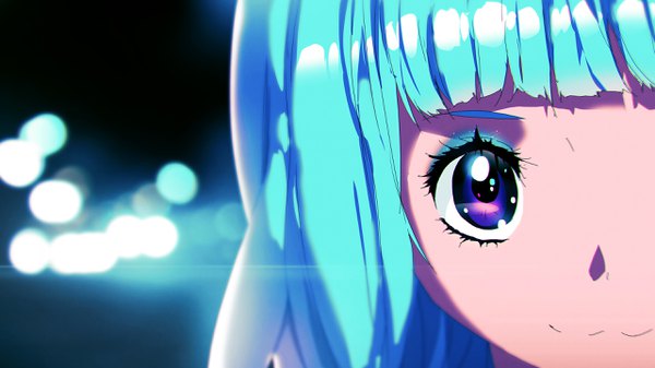 イラスト 2560x1440 と オリジナル tom skender ソロ カメラ目線 前髪 highres wide image 紫目 青い髪 blunt bangs lens flare close-up :3 女の子