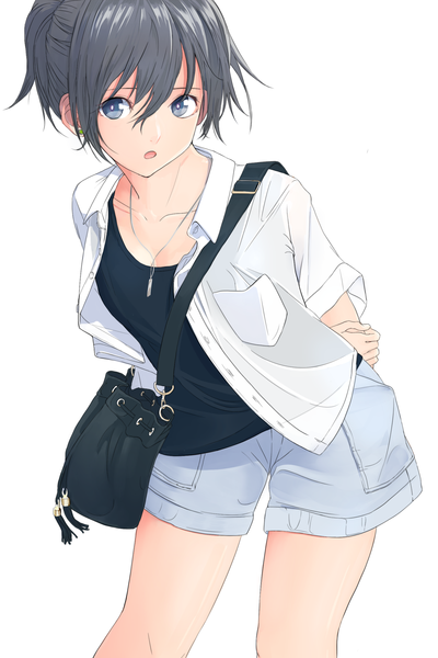 Anime picture 1557x2336 with original aspara asupara single tall image fringe short hair open mouth blue eyes black hair looking away leaning leaning forward hands behind back girl shirt white shirt pendant shoulder bag