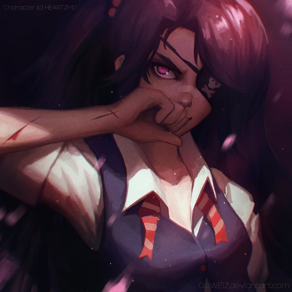 Anime picture 900x900 with original guweiz heartzm single long hair looking at viewer purple eyes twintails signed purple hair open collar covering twisty sleeves injury bandaid on nose covering face skull and crossbones cuts skull print girl