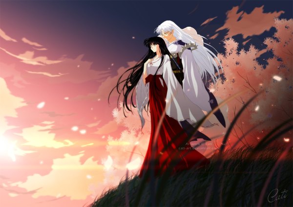 Anime picture 1228x868 with inuyasha sesshomaru kikyou cati-art (artist) long hair fringe black hair standing sky cloud (clouds) white hair eyes closed long sleeves traditional clothes wind pointy ears from behind sunlight night night sky