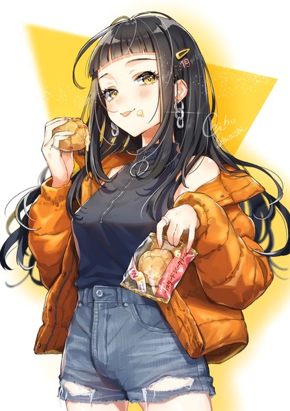 Anime picture 905x1280 with original piroshiki123 single long hair tall image looking at viewer blush fringe black hair holding signed yellow eyes blunt bangs open jacket sparkle food on face girl earrings food jacket