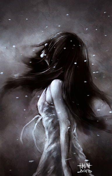 Anime picture 750x1170 with original nanfe single tall image bare shoulders signed profile grey background monochrome looking up smoke pale skin hair over eyes girl dress