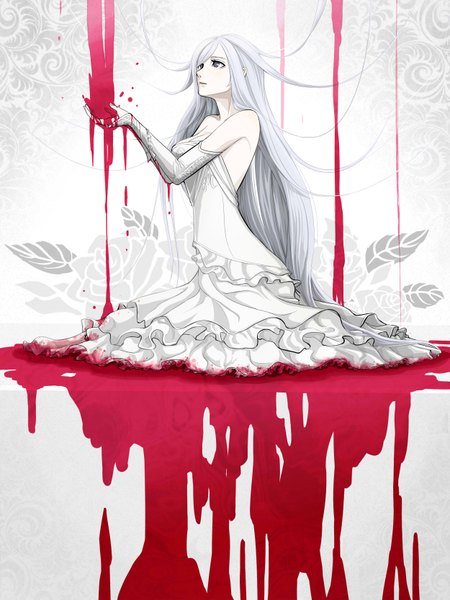 Anime picture 1250x1666 with original a-typecorp single tall image breasts simple background large breasts white background sitting bare shoulders silver hair very long hair grey eyes girl dress gloves flower (flowers) elbow gloves white gloves white dress