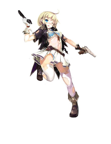 Anime picture 640x826 with girls frontline m1911 (girls frontline) single tall image blush short hair breasts open mouth blue eyes light erotic simple background blonde hair large breasts standing white background full body ahoge bent knee (knees) pleated skirt one eye closed