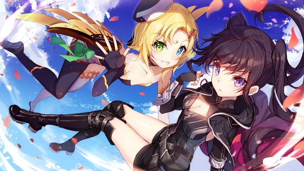 Anime picture 1920x1080 with million arthur (series) rebellious million arthur square enix bison cangshu long hair looking at viewer blush fringe highres short hair breasts blue eyes light erotic blonde hair smile wide image twintails purple eyes multiple girls green eyes