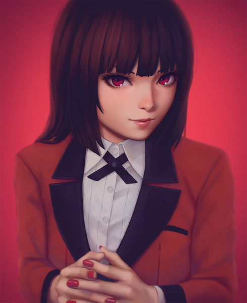 Anime picture 1280x1568 with kakegurui jabami yumeko miura-n315 single long hair tall image looking at viewer fringe black hair simple background red eyes upper body blunt bangs nail polish realistic turning head red background hands clasped red nail polish girl