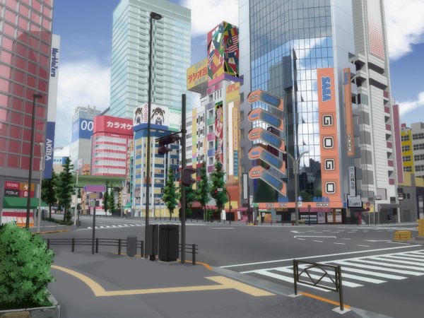 Anime picture 1280x960 with original marble-0 sky cloud (clouds) city cityscape no people crosswalk akihabara plant (plants) tree (trees) building (buildings) skyscraper traffic lights