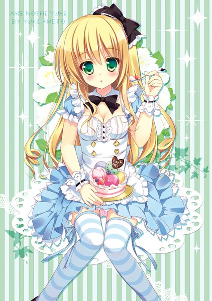 Anime picture 704x1000 with alice in wonderland alice (wonderland) ameto yuki single long hair tall image looking at viewer blush blonde hair green eyes pantyshot sitting girl thighhighs dress flower (flowers) bow hair bow frills sweets striped thighhighs