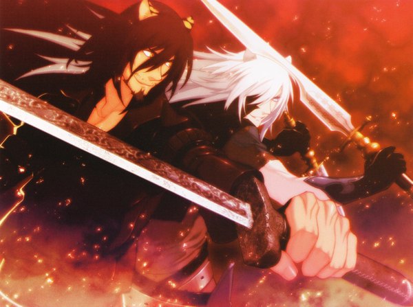 Anime picture 2533x1889 with lamento nitro+chiral rai bardo long hair highres short hair open mouth blue eyes black hair red eyes animal ears white hair light smile boy gloves weapon elbow gloves eyepatch