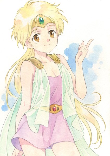 Anime picture 846x1200 with dragon quest princess leona agahari single long hair tall image looking at viewer blonde hair smile white background brown eyes traditional media watercolor (medium) girl dress