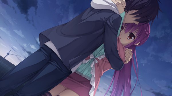 Anime picture 1280x720 with dracu-riot! yuzusoft inamura rio long hair black hair red eyes wide image game cg red hair couple hug girl boy