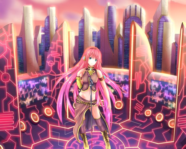 Anime picture 1250x1000 with vocaloid megurine luka langjiao single long hair blue eyes bare shoulders pink hair midriff city girl navel boots headphones microphone microphone stand