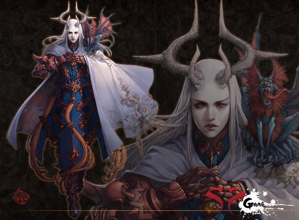 Anime picture 1134x836 with lange single long hair looking at viewer open mouth yellow eyes white hair horn (horns) lips chinese clothes fantasy boy armor cape dragon