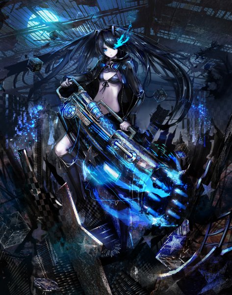 Anime picture 1262x1600 with black rock shooter black rock shooter (character) jname single long hair tall image looking at viewer blue eyes black hair twintails night abstract girl navel weapon star (stars) full moon flame