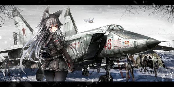 Anime picture 2000x1003 with original haguruma (hagurumali) long hair blush fringe highres open mouth red eyes wide image standing multiple girls animal ears looking back grey hair embarrassed fox ears snowing letterboxed solo focus winter