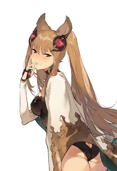 Anime picture 1000x1453 with granblue fantasy metera (granblue fantasy) duoyuanjun single long hair tall image looking at viewer fringe breasts light erotic simple background smile brown hair white background purple eyes twintails animal ears payot ass mole
