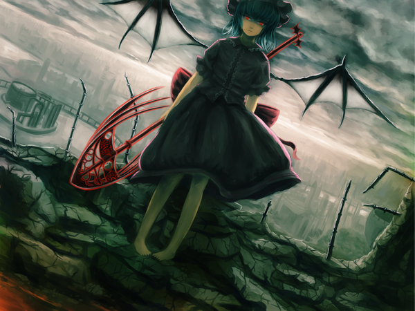 Anime picture 1024x768 with touhou remilia scarlet hanuu single short hair red eyes blue hair cloud (clouds) barefoot bat wings ruins girl dress wings spear spear the gungnir