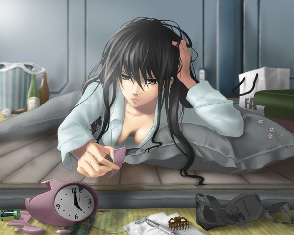 Anime picture 1024x819 with armored core kasumi sumika mameneko single long hair breasts light erotic black hair brown eyes lying girl shirt pillow bag clock alarm clock