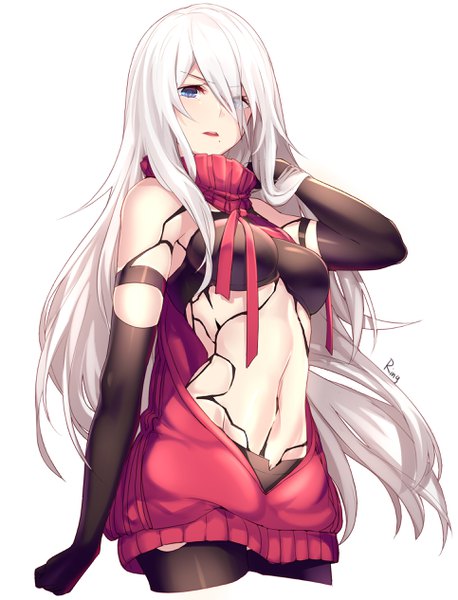 Anime picture 1929x2529 with nier nier:automata yorha type a no. 2 aki663 single long hair tall image looking at viewer blush fringe highres open mouth blue eyes light erotic simple background hair between eyes white background bare shoulders signed white hair