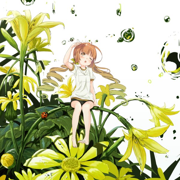 Anime picture 2000x2000 with original abe kanari long hair blush highres open mouth blonde hair white background sitting twintails yellow eyes one eye closed barefoot wink drill hair minigirl girl uniform flower (flowers) insect