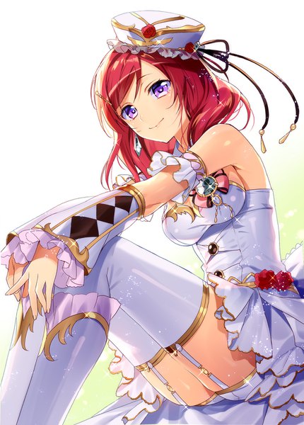 Anime picture 1075x1500 with love live! school idol project sunrise (studio) love live! nishikino maki murakami yuichi single tall image looking at viewer blush fringe short hair breasts simple background smile purple eyes bent knee (knees) red hair head tilt sparkle from below