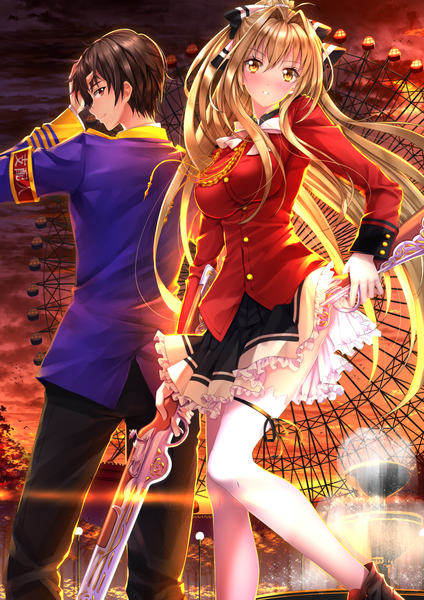 Anime picture 1102x1560 with amagi brilliant park kyoto animation sento isuzu kanie seiya swordsouls long hair tall image looking at viewer blush short hair black hair brown hair brown eyes evening sunset girl thighhighs boy skirt bow