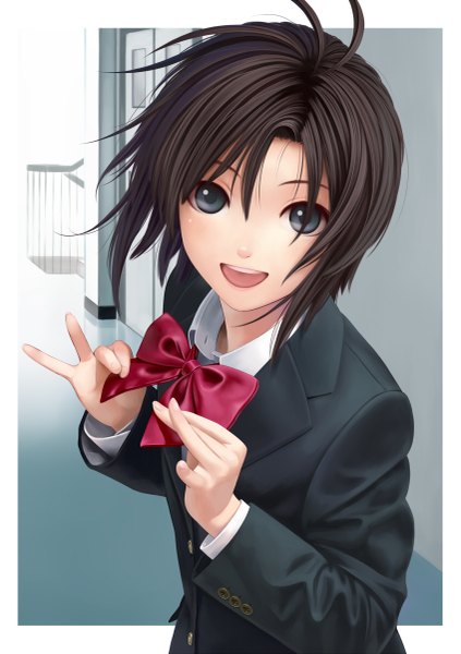 Anime picture 847x1200 with idolmaster kikuchi makoto nekopuchi single tall image looking at viewer short hair open mouth smile brown hair holding ahoge grey eyes happy girl uniform bow