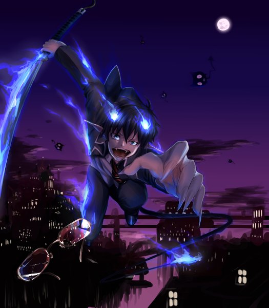 Anime picture 4254x4858 with ao no exorcist a-1 pictures okumura rin higepiyo tall image highres short hair open mouth blue eyes absurdres fingernails pointy ears night teeth fang (fangs) outstretched arm city long fingernails demon tail city lights