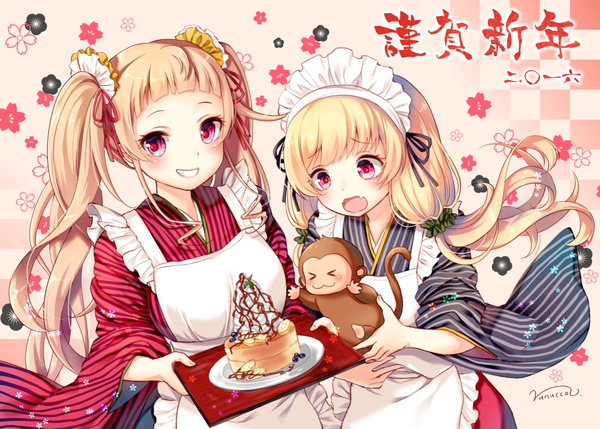 Anime picture 991x710 with original nunucco long hair blush open mouth blonde hair smile red eyes twintails multiple girls signed maid low twintails girl uniform 2 girls animal headdress maid headdress apron