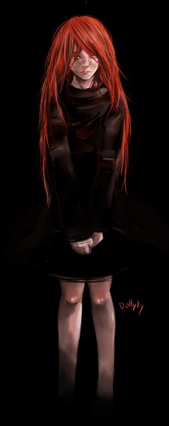 Anime picture 1000x2507 with hunter x hunter kite (chimera ants) single long hair tall image signed orange hair black background freckles girl