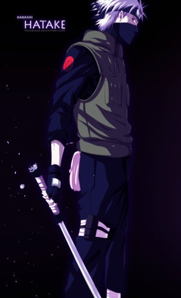 Anime picture 700x1146 with naruto studio pierrot naruto (series) hatake kakashi tremblax single tall image short hair white hair profile black eyes inscription coloring boy gloves weapon sword katana mask vest