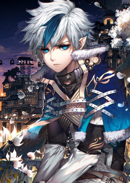 Anime picture 908x1280 with original kawacy single tall image looking at viewer fringe short hair blue eyes hair between eyes blue hair looking away outdoors white hair multicolored hair lips pointy ears two-tone hair streaked hair city evening