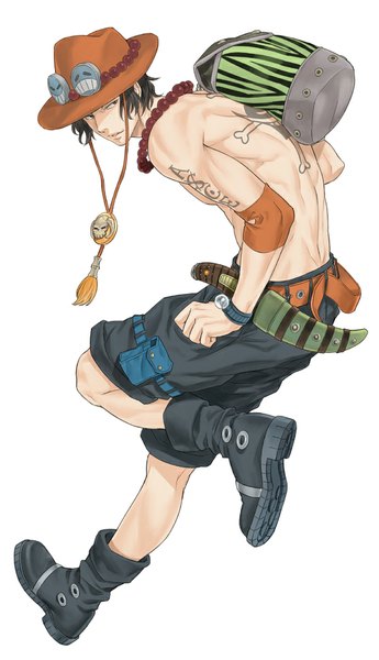 Anime picture 600x1043 with one piece toei animation portgas d. ace kyuugou (ninekoks) single tall image short hair black hair simple background white background looking back black eyes tattoo hand on hip topless boy hat boots belt beads
