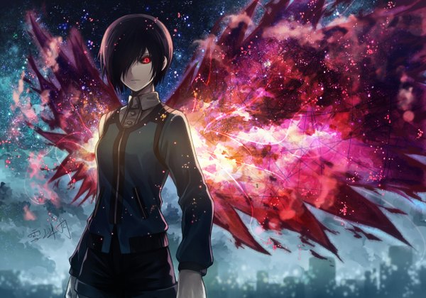 Anime picture 1283x900 with tokyo ghoul studio pierrot kirishima touka angel31424 single looking at viewer fringe short hair black hair red eyes standing signed hair over one eye glow angry black sclera girl wings shorts kagune