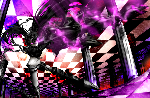 Anime picture 2149x1417 with black rock shooter insane black rock shooter kitamuraeri (artist) single long hair highres open mouth black hair twintails purple eyes glowing scar glowing eye (eyes) pale skin checkered floor checkered girl gloves navel hair ornament