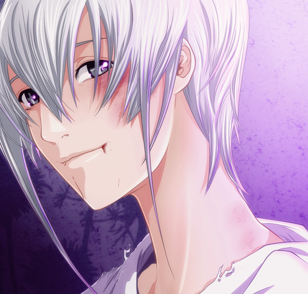 Anime picture 1000x955 with air gear toei animation kilik hao-hime single short hair smile silver hair grey eyes coloring torn clothes portrait face purple background + + boy blood