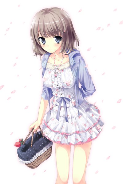 Anime picture 1509x2142 with original kimishima ao single tall image short hair blue eyes simple background brown hair white background girl skirt petals skirt set basket