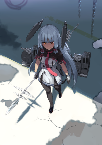 Anime picture 848x1200 with kantai collection murakumo destroyer pennel single long hair tall image looking at viewer fringe brown eyes silver hair outdoors blunt bangs from above shadow short sleeves short twintails walking tress ribbon remodel (kantai collection) girl