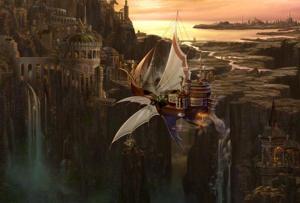 Anime picture 1472x1000 with original ucchiey city landscape fantasy river aircraft airship