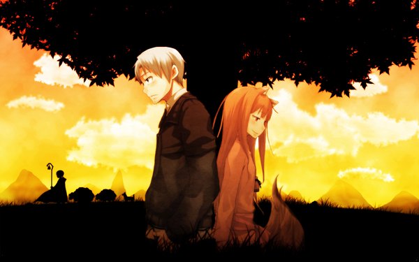 Anime picture 1680x1050 with spice and wolf horo craft lawrence nora arento long hair blush short hair blonde hair red eyes brown hair wide image animal ears sky cloud (clouds) white hair tail light smile couple flat chest mountain