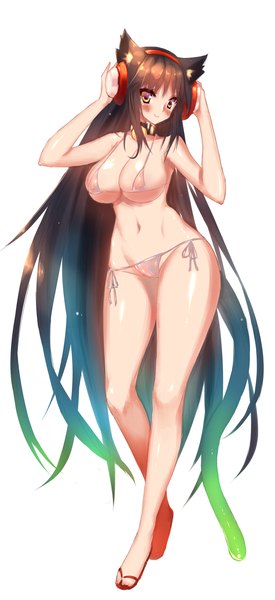Anime picture 919x2000 with huatu jiang single tall image looking at viewer blush breasts light erotic simple background smile brown hair standing white background animal ears bent knee (knees) very long hair multicolored hair bare belly orange eyes gradient hair hand on headphones