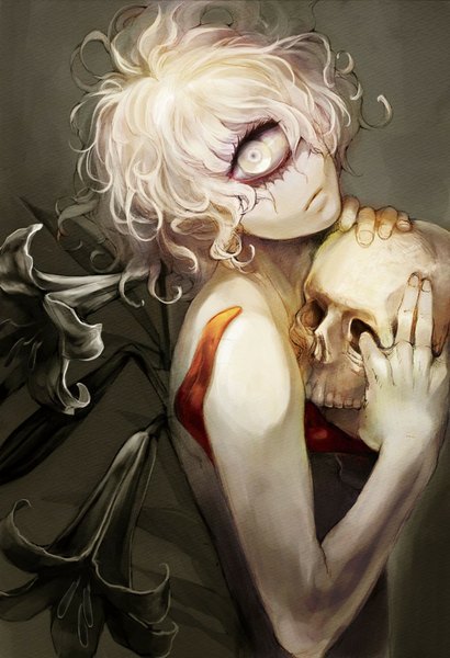 Anime picture 694x1015 with original zarame tokoharu single tall image looking at viewer short hair blonde hair simple background holding curly hair white eyes shirtless long tongue boy flower (flowers) tongue skull lily (flower) cyclops